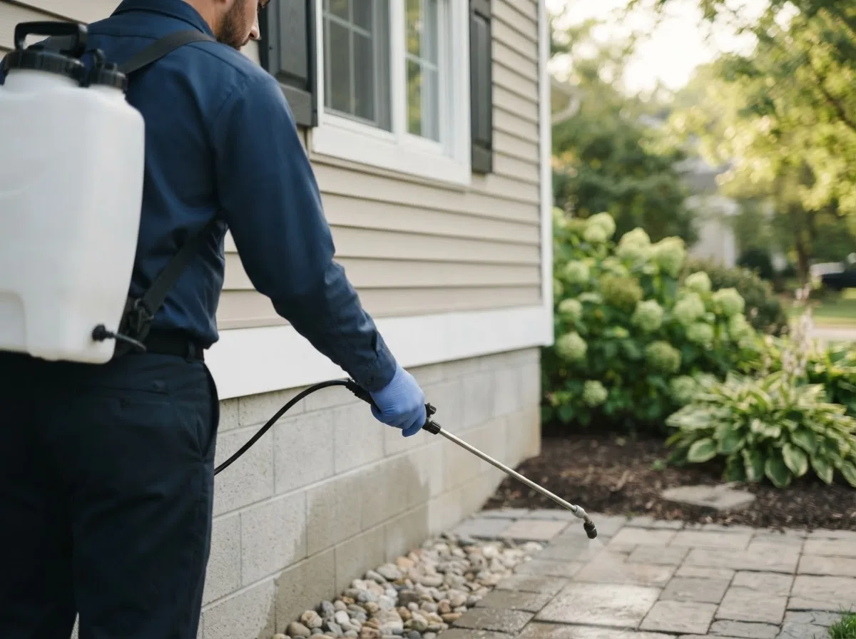 Pest control technician inspecting a home in Beverly, OH